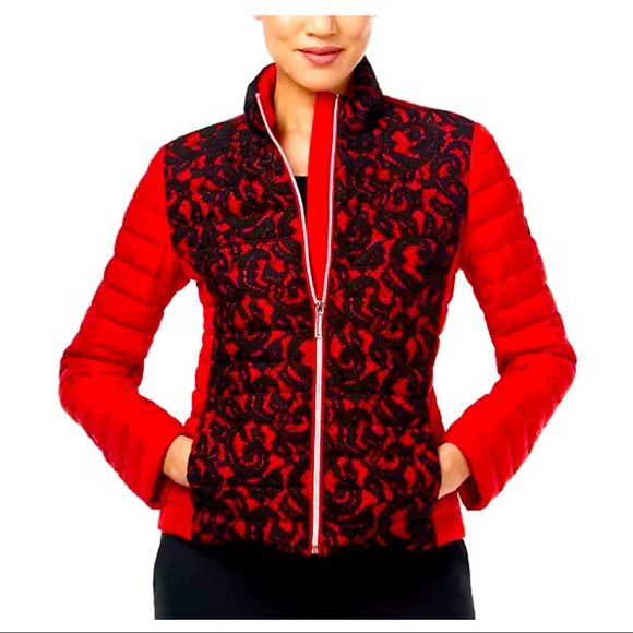 Michael Kors Women's Red Quilted Insulated Puffer Jacket with Black Lace sz XL